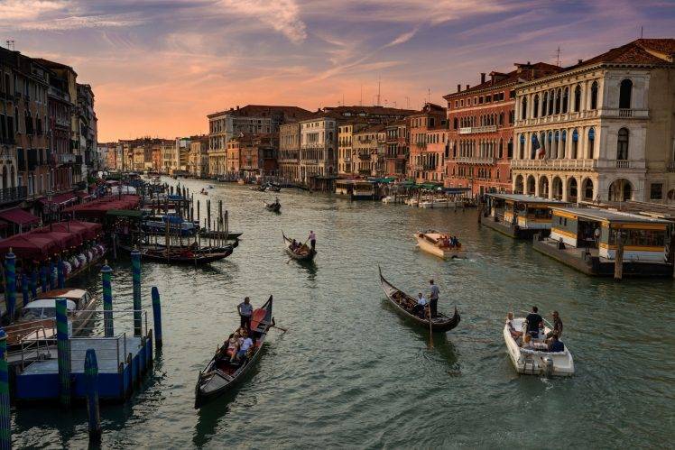 city, Landscape, Nature, Lights, Sky, Evening, Morning, Futuristic, Venezia Canal Grande, Boat HD Wallpaper Desktop Background
