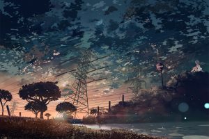anime, Clouds, Trees, Lake, Sunset