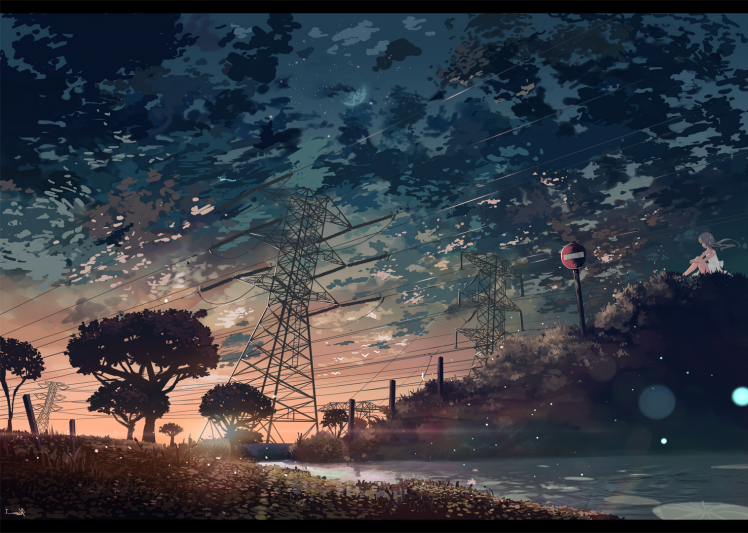 anime, Clouds, Trees, Lake, Sunset HD Wallpaper Desktop Background