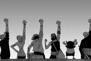 anime, One Piece, Monochrome, Back, White Background, Arms Up, Monkey D. Luffy, Roronoa Zoro, Tony Tony Chopper, Usopp, Nami, Sanji