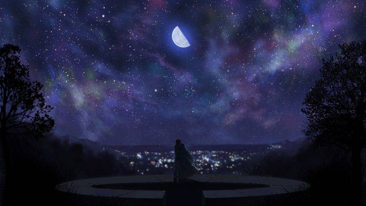 anime, Sky, Moon, Clouds, City HD Wallpaper Desktop Background