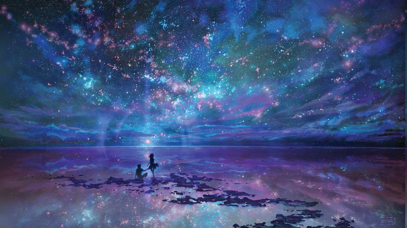 anime, Clouds, Stars, Couple Wallpaper