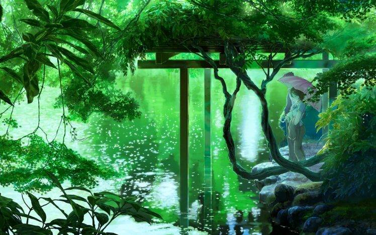 anime, Lake, Trees, Umbrella, Green HD Wallpaper Desktop Background