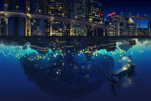 anime, Night View, Trees, Reflection, Water, Building