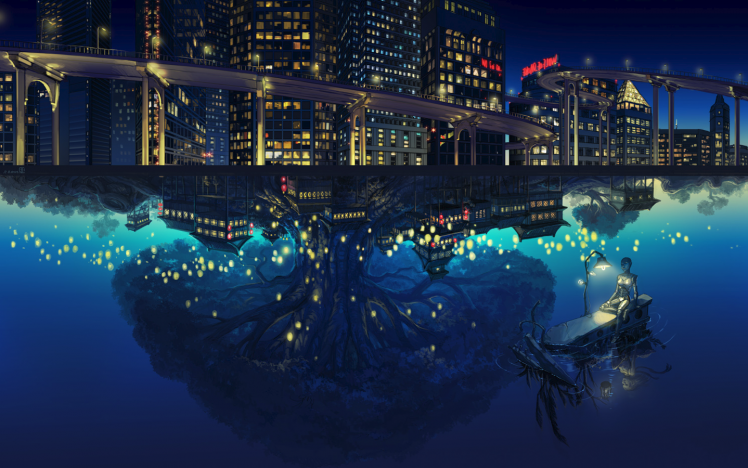 anime, Night View, Trees, Reflection, Water, Building HD Wallpaper Desktop Background