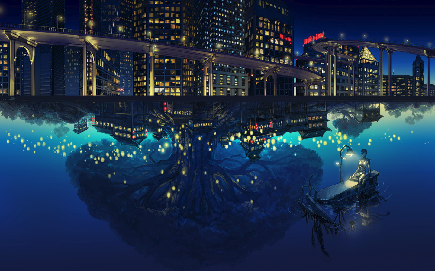 anime, Night View, Trees, Reflection, Water, Building Wallpaper