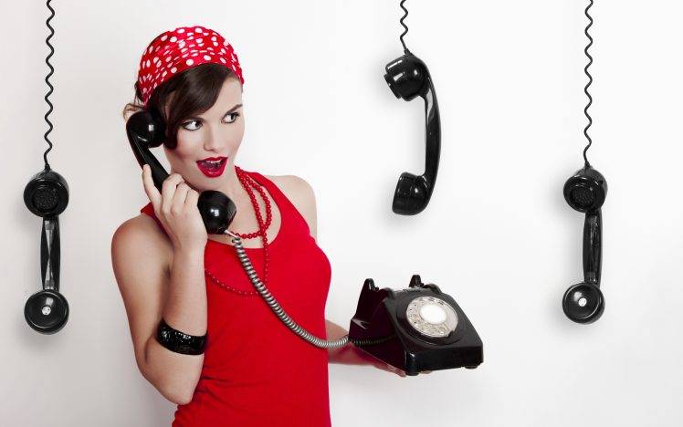 vintage, Telephone, Red Dress, Polka Dots, Bandanas, Necklace HD Wallpaper Desktop Background