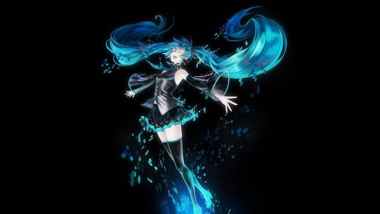 Vocaloid, Hatsune Miku, Anime Girls, Blue Hair, Twintails, Closed Eyes, Thigh highs HD Wallpaper Desktop Background