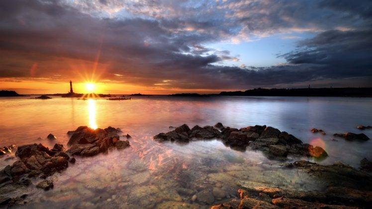 sea, Nature, Sunset, Rock, Sky, Landscape HD Wallpaper Desktop Background