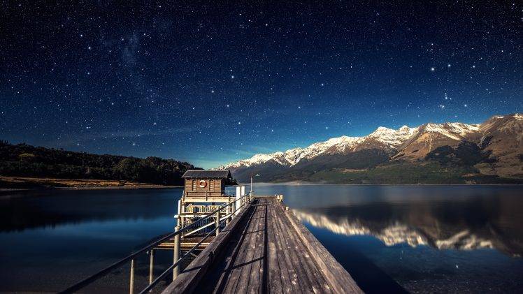 stars, Blue, Landscape, Reflection, Lake, Mountain, Water, Night HD Wallpaper Desktop Background