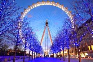 London, London Eye, Blue, Ferris Wheel, Christmas Lights, Trees, Path