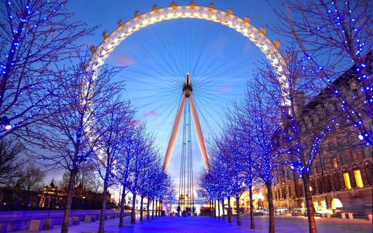 London, London Eye, Blue, Ferris Wheel, Christmas Lights, Trees, Path HD Wallpaper Desktop Background
