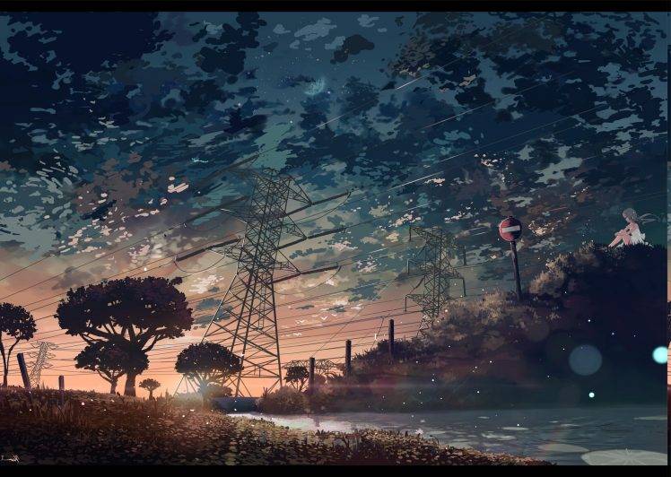 sunset, Anime, Power Lines, Utility Pole, Manga HD Wallpaper Desktop Background