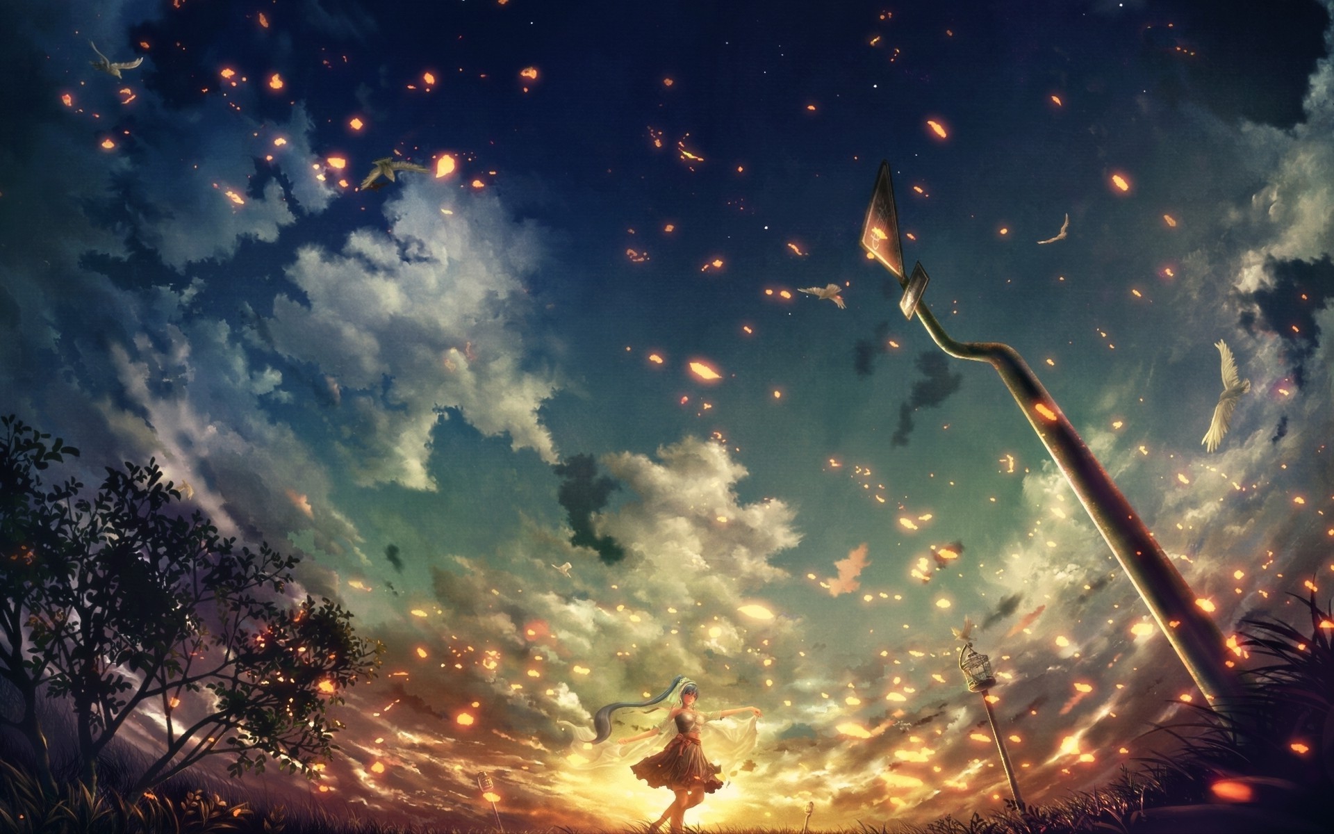 anime, Blue Hair, Sunset, Embers, Clouds, Vocaloid, Hatsune Miku