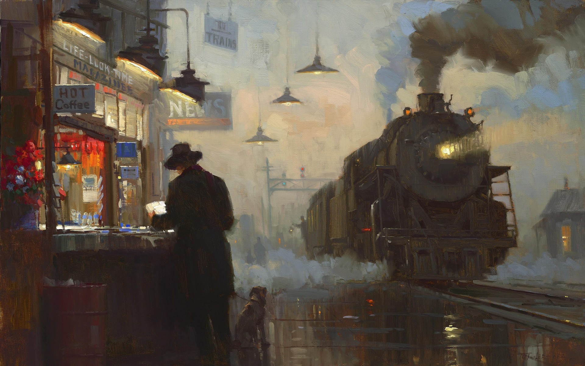 railway, Train Station, Painting, Steam Locomotive, Train, Vintage