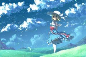 anime Girls, Field, Dress, Landscape, Clouds, Sky, Birds