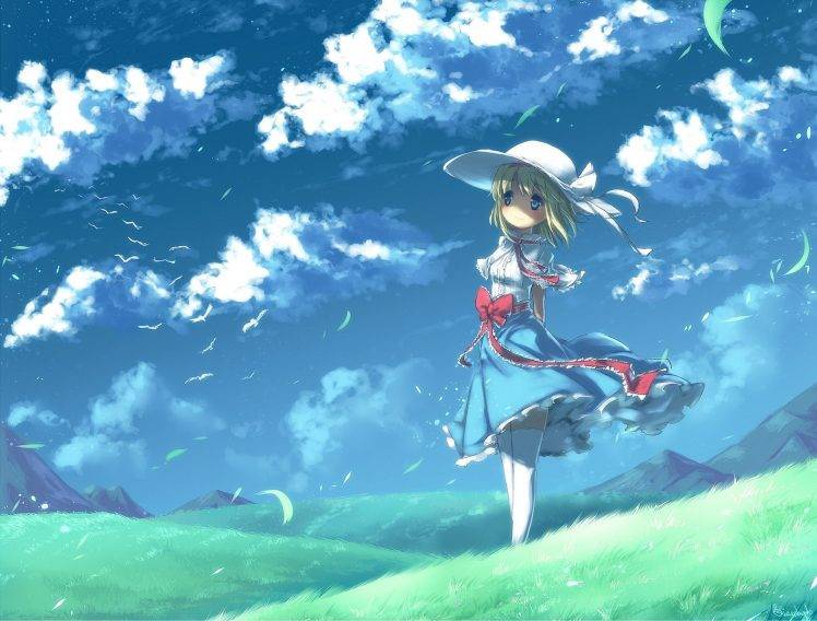 anime Girls, Field, Dress, Landscape, Clouds, Sky, Birds HD Wallpaper Desktop Background