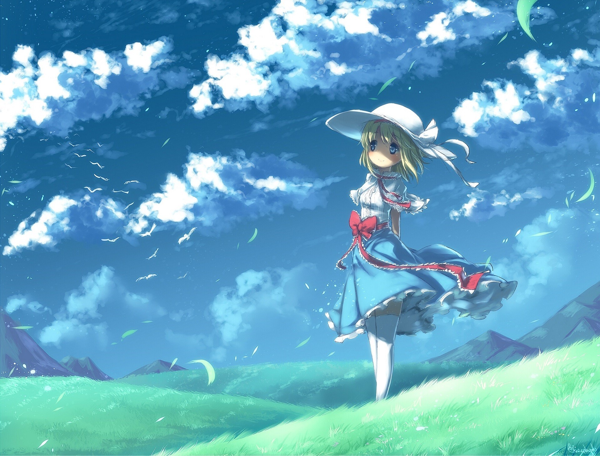 anime Girls, Field, Dress, Landscape, Clouds, Sky, Birds Wallpaper