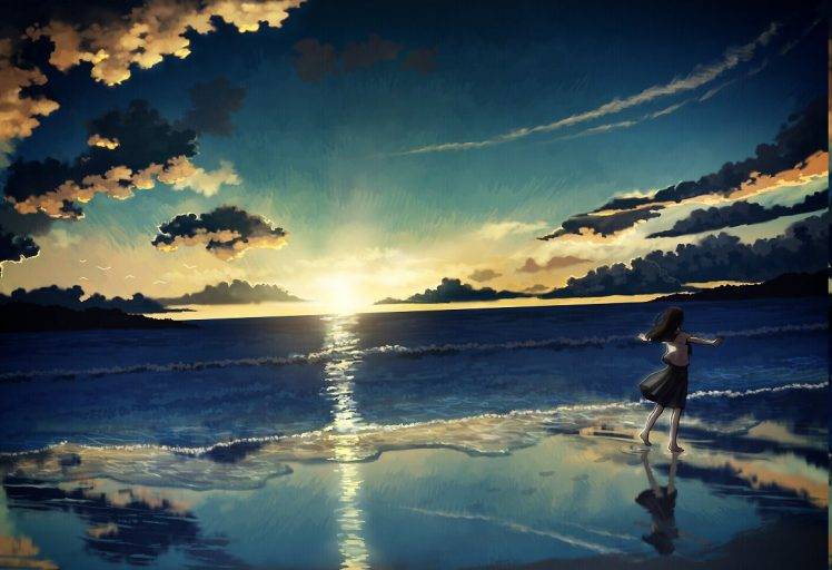 sea, Sunset, Anime Girls, Landscape, Anime, Beach HD Wallpaper Desktop Background