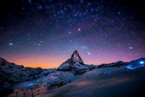 landscape, Space, Snow, Zermatt, Rock, Winter, Mountain, Tilt Shift, Night, Matterhorn, Bokeh, Stars, Starry Night, Switzerland