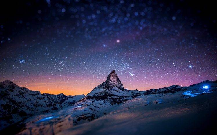 landscape, Space, Snow, Zermatt, Rock, Winter, Mountain, Tilt Shift, Night, Matterhorn, Bokeh, Stars, Starry Night, Switzerland HD Wallpaper Desktop Background