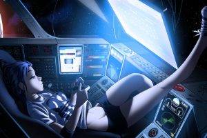 artwork, Anime, Video Games, 88 Girl, Drawing, Futuristic, Women, Space, Space Station, Vashperado, One Leg Up, PlayStation 3, Space Invaders, Spaceship, Zero Gravity, Glowing, Cockpit, Controllers
