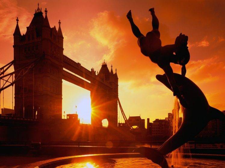 Sun, Landscape, Building, City, Dolphin, River Thames, London Bridge, England, Statue, Sunset, Sunlight, Bridge, Silhouette, UK, London HD Wallpaper Desktop Background
