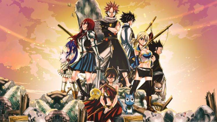 anime, Fairy Tail, Scarlet Erza, Fullbuster Gray, Dragneel Natsu, Heartfilia Lucy, Happy (Fairy Tail) HD Wallpaper Desktop Background