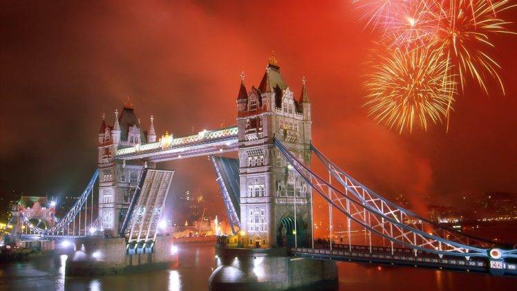 city, Cityscape, Bridge, Night, New Year, London, Fireworks, River Thames HD Wallpaper Desktop Background