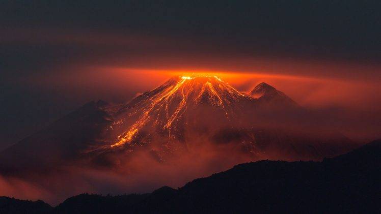 volcano, Orange, Nature, Landscape, Lava, Silhouette, Night HD Wallpaper Desktop Background