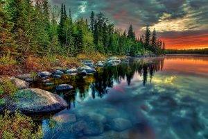 landscape, Lake, Sunset, Trees, Nature