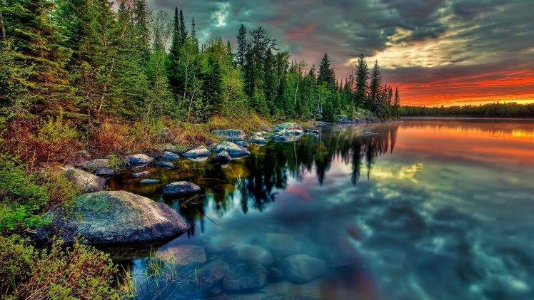 landscape, Lake, Sunset, Trees, Nature HD Wallpaper Desktop Background