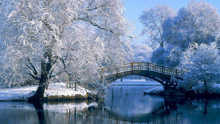 lake, Nature, Landscape, Snow, Winter, Bridge HD Wallpaper Desktop Background