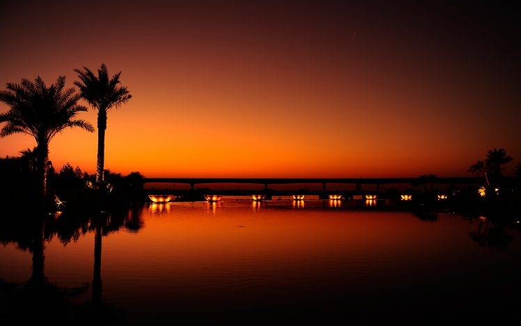 landscape, Sunset, Palm Trees, Reflection, Water, Lights, Dubai HD Wallpaper Desktop Background