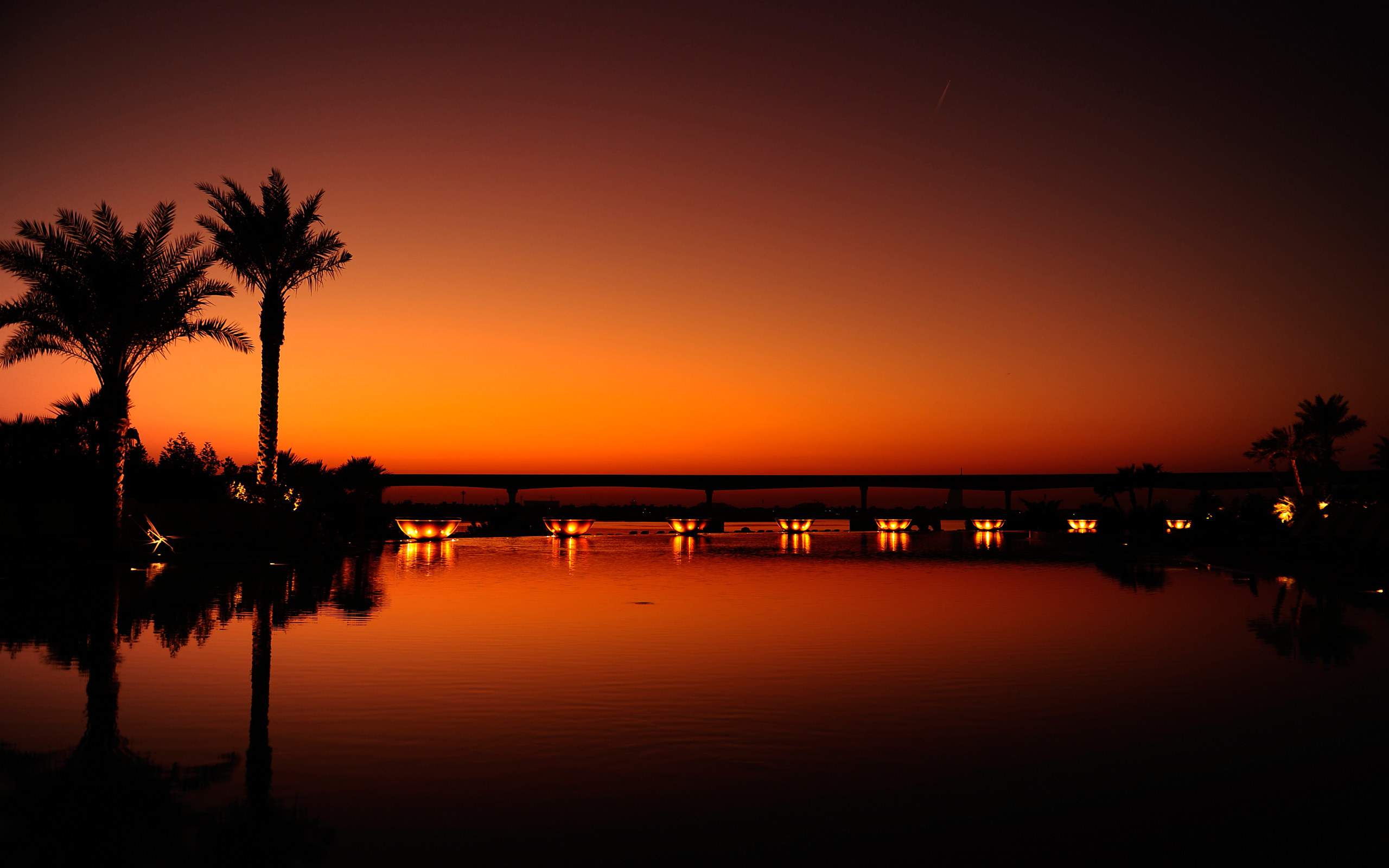 landscape, Sunset, Palm Trees, Reflection, Water, Lights, Dubai Wallpaper
