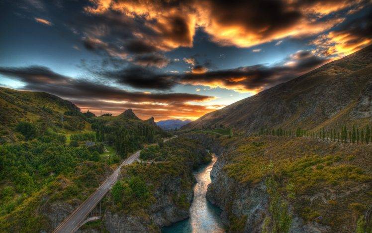 nature, Landscape, Sunset, River, Clouds, Road, HDR HD Wallpaper Desktop Background