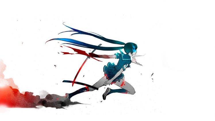 anime, Katana, Simple Background, White Background, Blue Eyes, Blue Hair, Blood HD Wallpaper Desktop Background