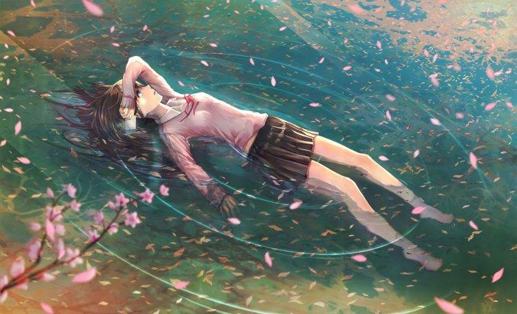 school Uniform, Anime Girls, Floating, Water, Cherry Blossom HD Wallpaper Desktop Background