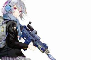 anime, Military, Headphones, Backpacks, School Uniform, White Hair, Scopes, Scarf, Simple Background, White Background, Weapon, Suppressors, Jacket, Purple Eyes, Red Eyes, Original Characters, Anime Girls, SCAR