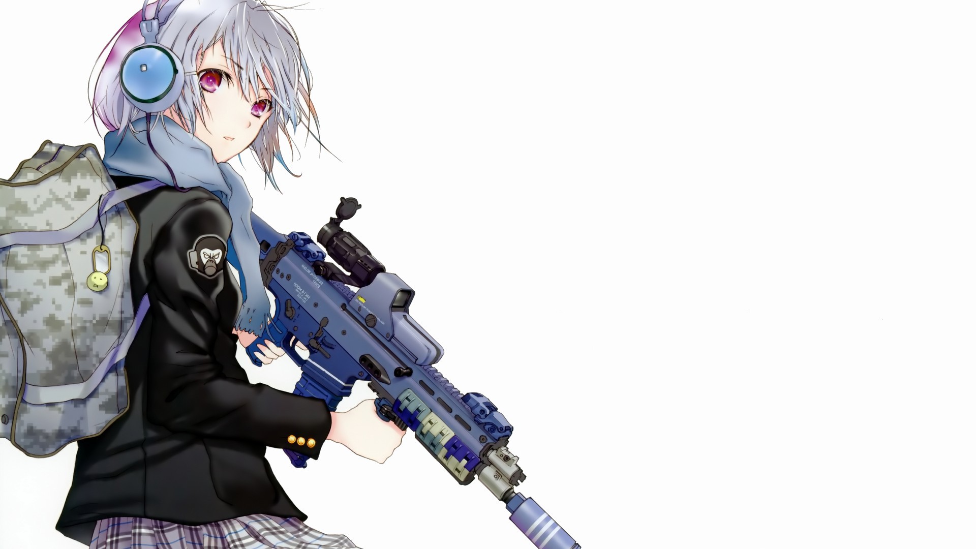 anime, Military, Headphones, Backpacks, School Uniform, White Hair, Scopes, Scarf, Simple Background, White Background, Weapon, Suppressors, Jacket, Purple Eyes, Red Eyes, Original Characters, Anime Girls, SCAR Wallpaper