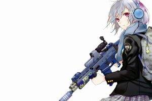 anime, Military, Headphones, Backpacks, School Uniform, White Hair, Scopes, Scarf, Simple Background, White Background, Weapon, Suppressors, Jacket, Purple Eyes, Red Eyes, Original Characters, Anime Girls, SCAR