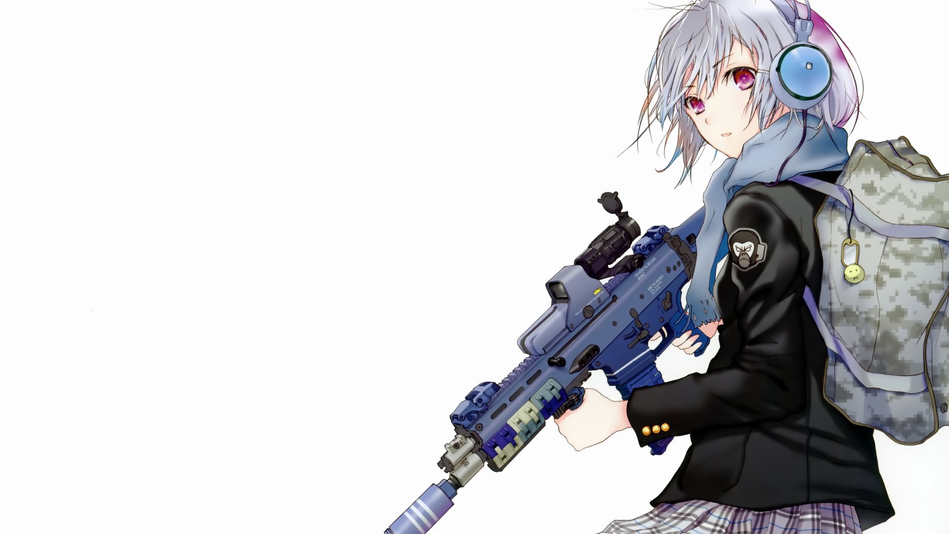anime, Military, Headphones, Backpacks, School Uniform, White Hair, Scopes, Scarf, Simple Background, White Background, Weapon, Suppressors, Jacket, Purple Eyes, Red Eyes, Original Characters, Anime Girls, SCAR Wallpaper