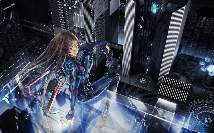 cyberpunk, Anime, Gun, Anime Girls, Brunette, Long Hair, Redjuice HD Wallpaper Desktop Background