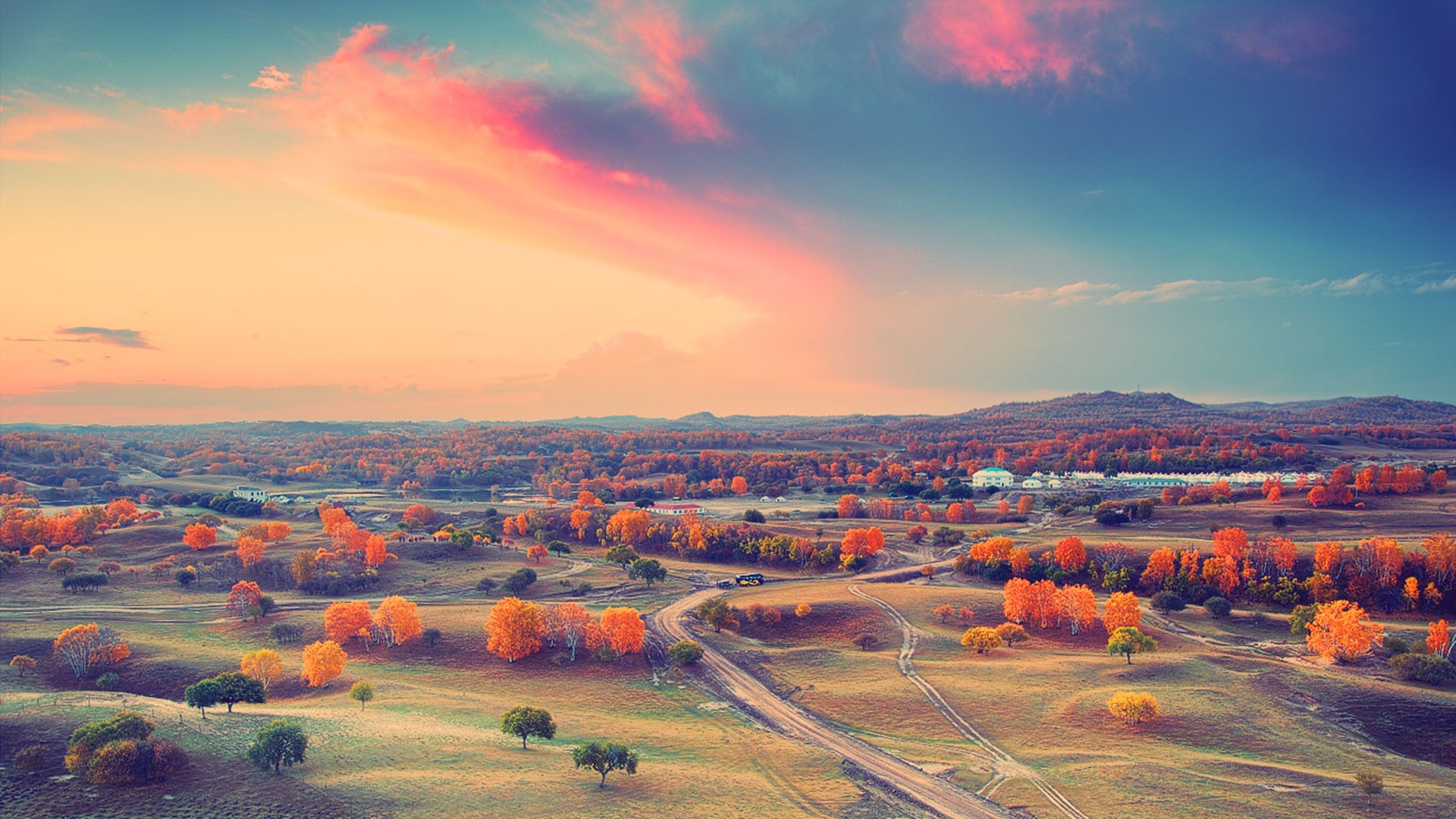 sky, Landscape, Trees, Red, Fall Wallpaper