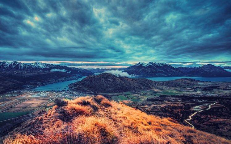 landscape, Nature, HDR, Overcast, Clouds, Snowy Peak, Mountain, Lake, Field, Grass, Evening, Road, Hill HD Wallpaper Desktop Background