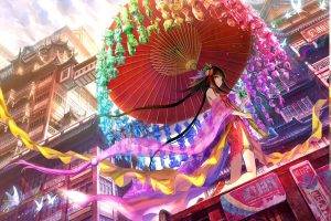 China, Anime, Chinese Dress, Umbrella, Fuji Choko, Original Characters, City, Japanese Umbrella, Butterfly, Traditional Clothing, Long Hair, Anime Girls