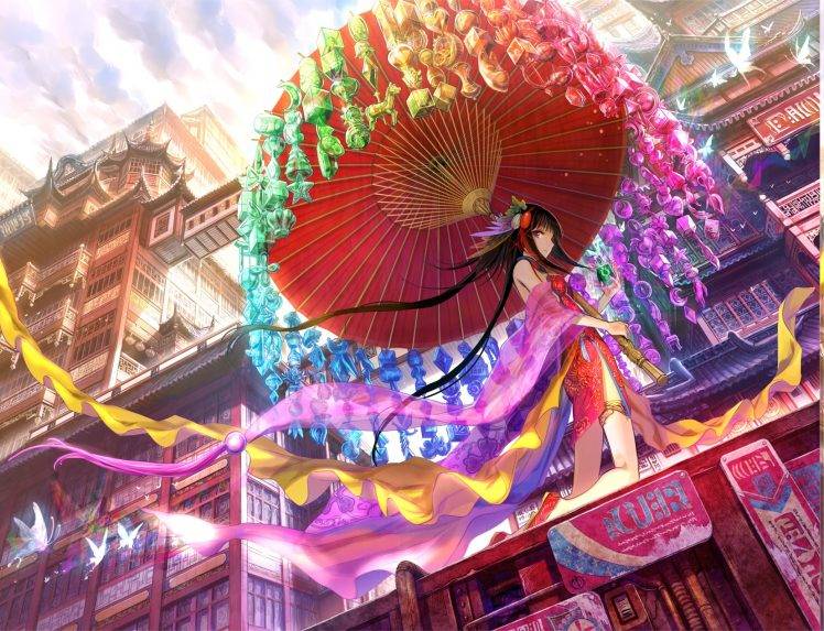 China, Anime, Chinese Dress, Umbrella, Fuji Choko, Original Characters, City, Japanese Umbrella, Butterfly, Traditional Clothing, Long Hair, Anime Girls HD Wallpaper Desktop Background