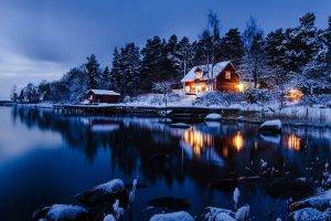 landscape, Lake, Cabin, Winter, Nature