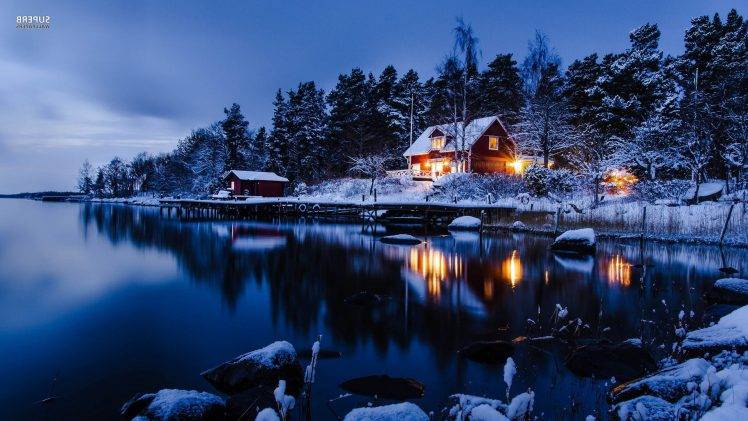 landscape, Lake, Cabin, Winter, Nature HD Wallpaper Desktop Background