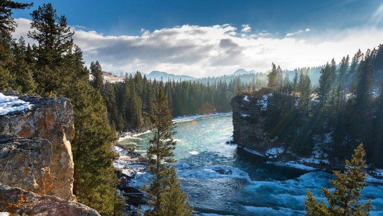 nature, River, Trees, Canada, Landscape, Clouds, Waves, Mist HD Wallpaper Desktop Background